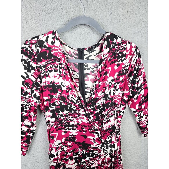 Rena Lange Pink Black White Abstract Print Dress US 12 EU 38 Ruched V Neck Chic - Picture 4 of 13